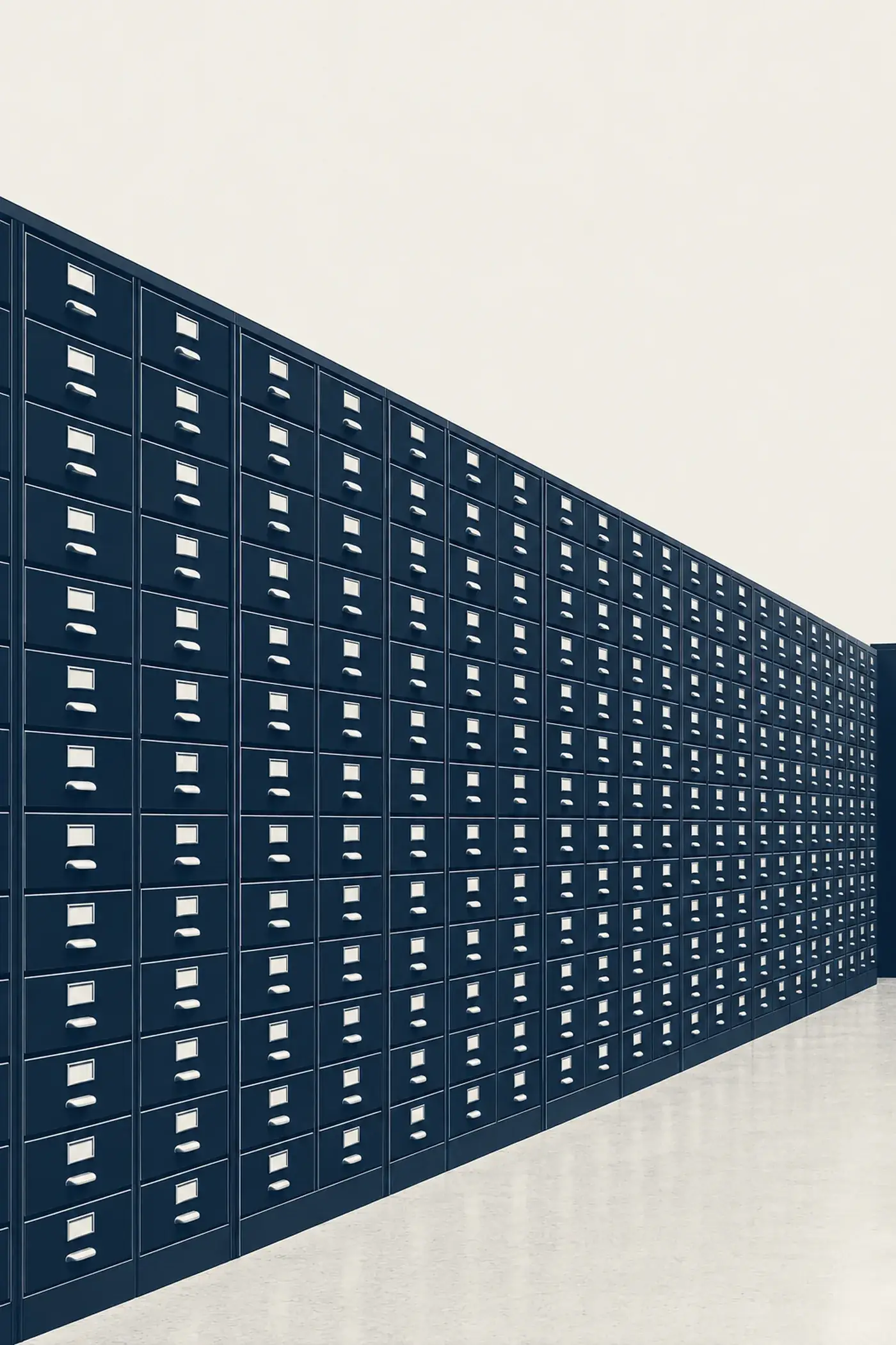 Wall of identical archive drawers in duotone
